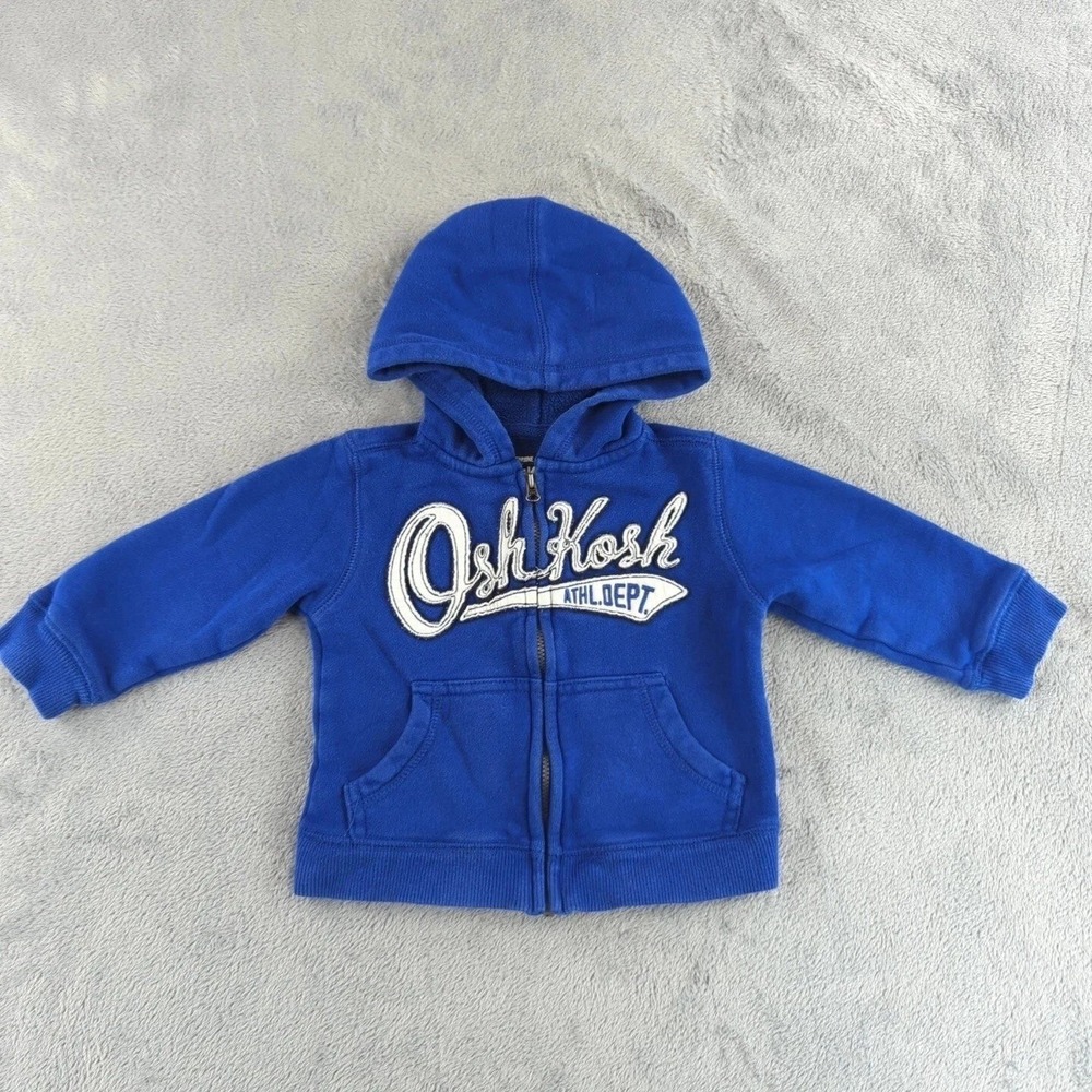 OshKosh B'gosh Baby Hoodie 18M Blue Full Zip Sweatshirt Spellout Logo Cotton